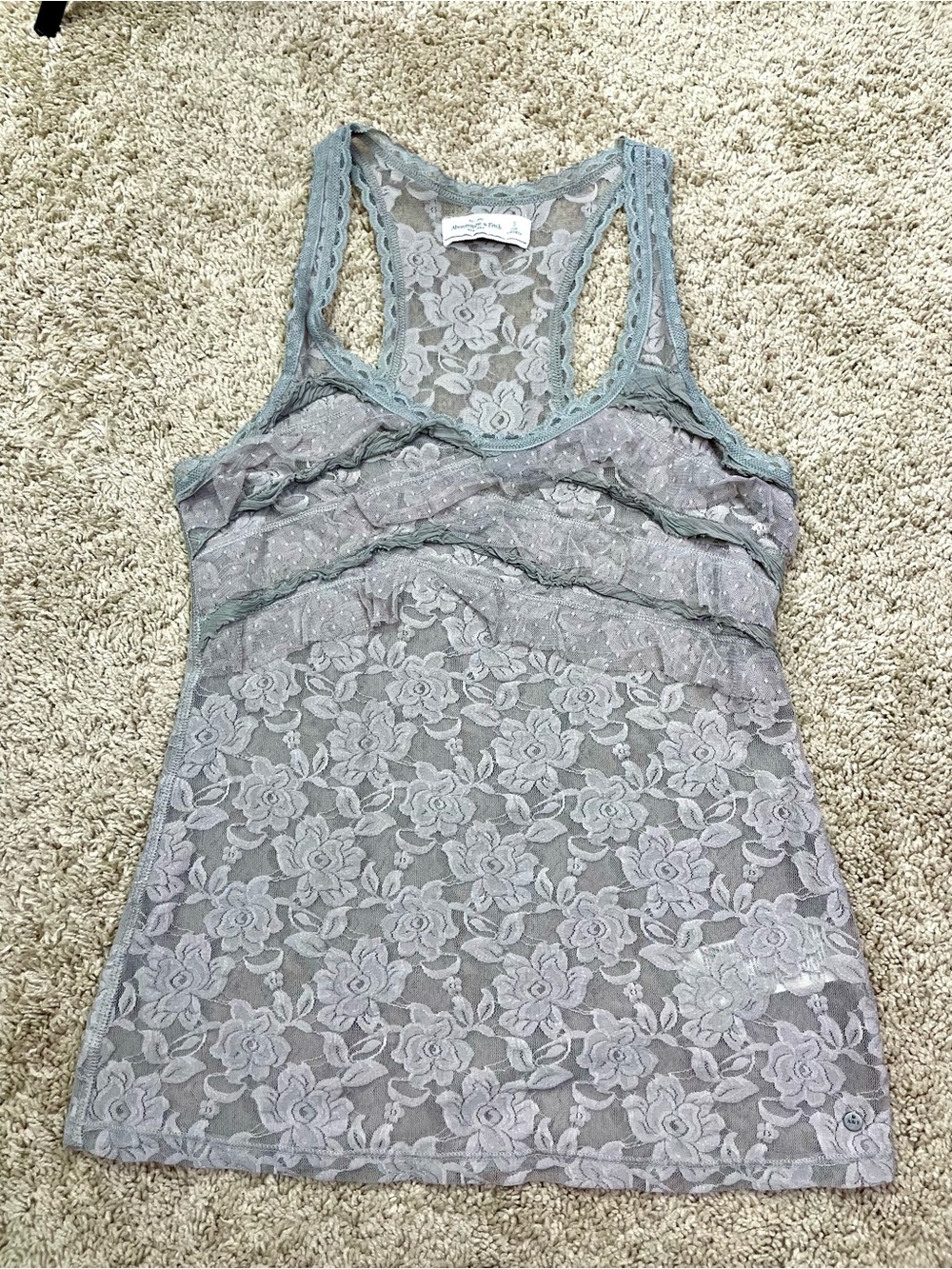 Abercrombie & Fitch Sheer Floral Lace Racerback Tank Top in Light Gray